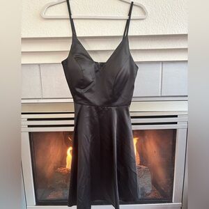 B DARLIN Classic Black Satin V Neck A-Line Dress Size 1 / 2